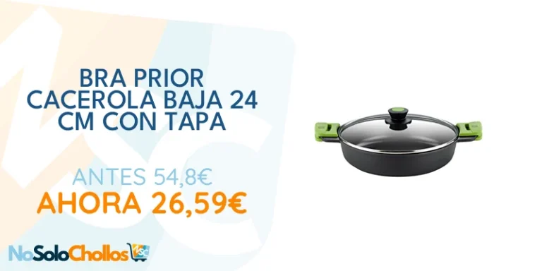 Oferta Casa: BRA PRIOR - Cacerola baja con tapa de cristal y asas de silicona, apta para todo tipo de cocinas incluida inducción y horno, 24 cm